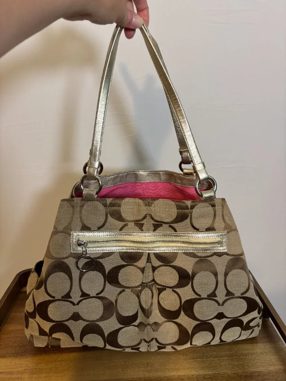 Coach Gabby Signature Khaki Metallic Gold XL Tote